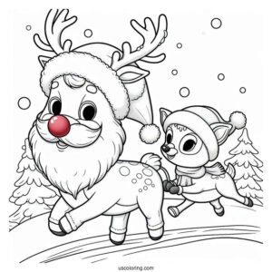 Rudolph Leading Santa With His Red Nose To Color