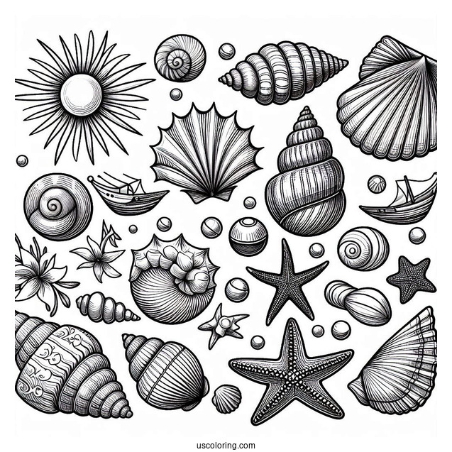 Summer Coloring Page Of Full Page Realistic Seashells