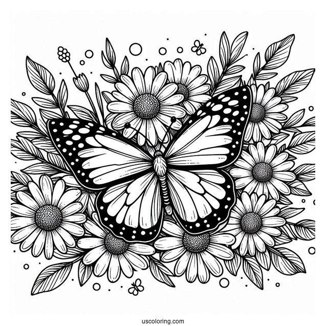 Butterfly Coloring Page Surrounding A Bunch Of Daisies