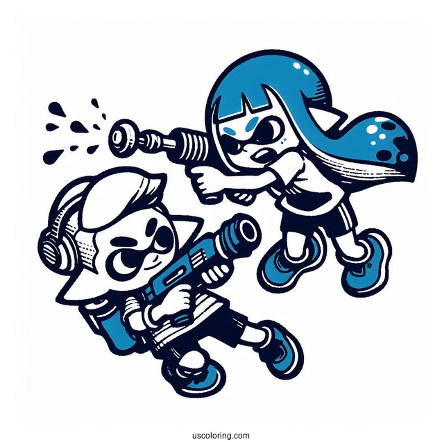 Splatoon Coloring Page Of Blue Inkling Boy Shooting Orange Inkling Girl