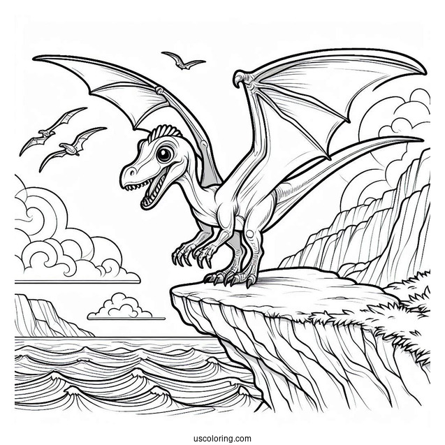 Pterodactyl Coloring Page Standing On Cliff