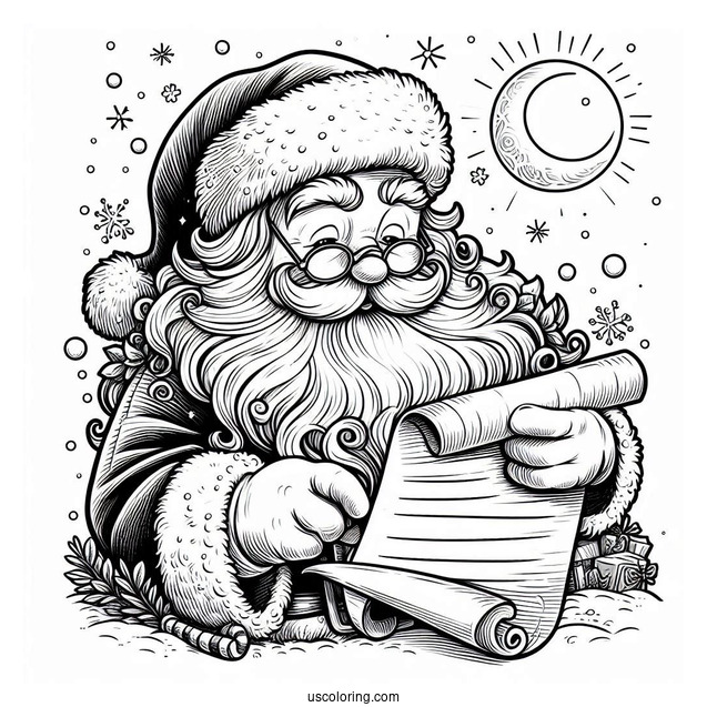 Detailed Santa Reading His List Coloring Sheet