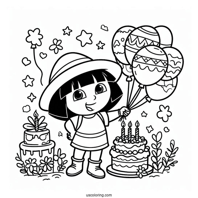 Dora Holding Happy Birthday Balloons To Color