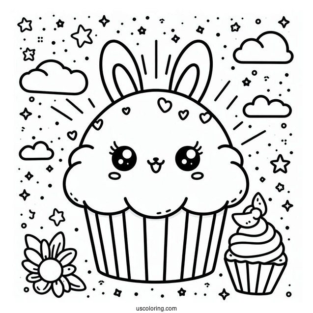 Cute Kawaii Cupcake With Bunny To Color