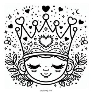 Playful Royal Crown Coloring Page Surrounded by Hearts and Stars For Kids