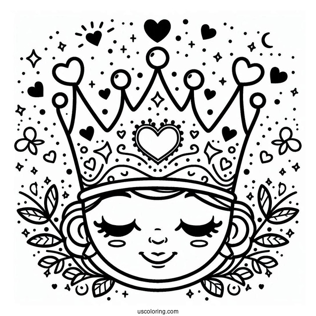 Playful Royal Crown Coloring Page Surrounded by Hearts and Stars For Kids