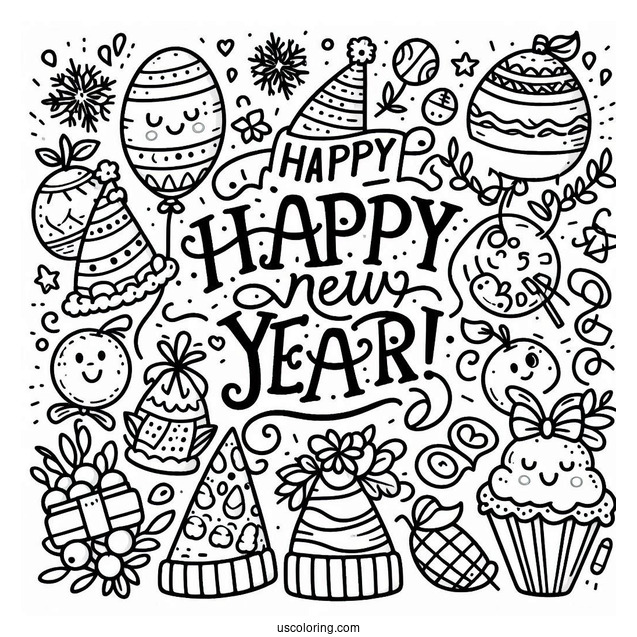 Simple Happy New Year Coloring Page Of Words With Cartoon Party Hats For Kids