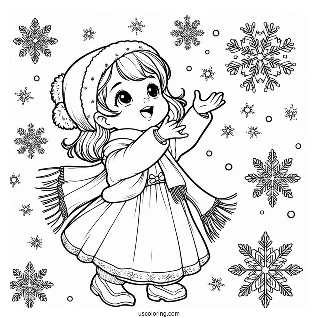 Little Girl Trying To Catch Snowflake Coloring Page