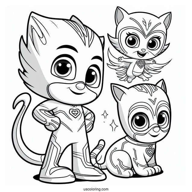 PJ Masks Coloring Page Of Gekko, Owlette, And Catboy Poster