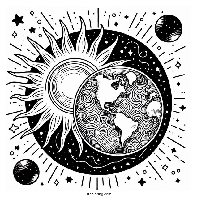 Earth And Sun In Space To Color