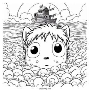 Studio Ghibli Coloring Page of Ponyo Peering Above The Ocean