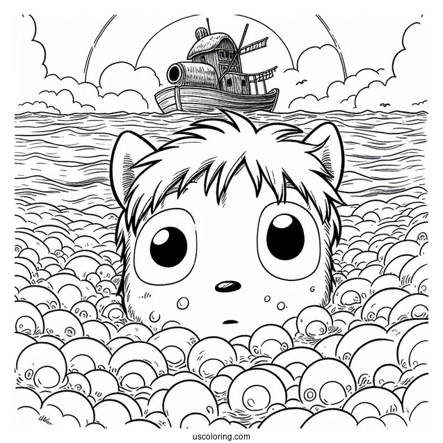 Studio Ghibli Coloring Page of Ponyo Peering Above The Ocean