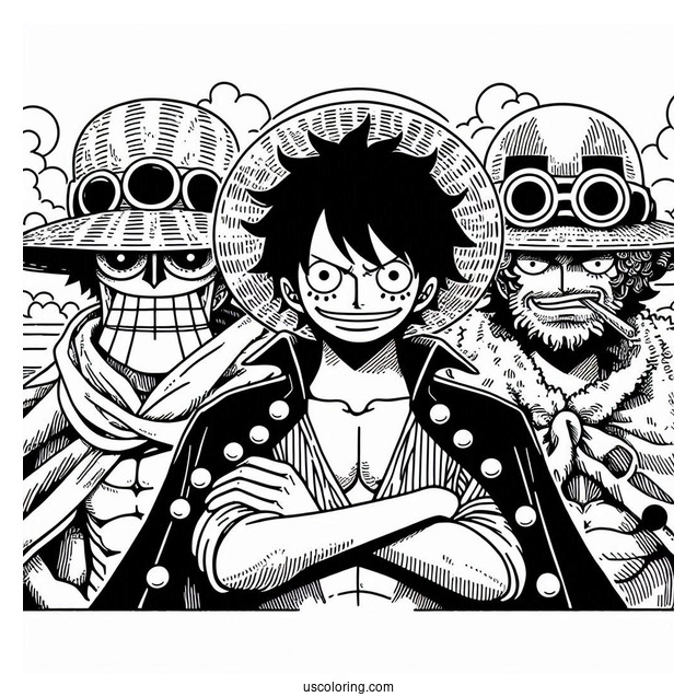 One Piece Coloring Page Of Straw Hat Pirate With Jimbei, Franky, And Brook