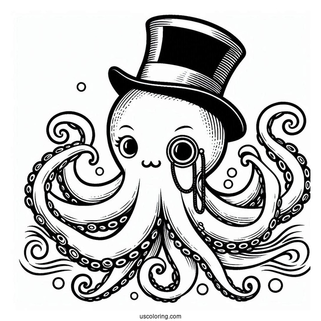 Octopus Coloring Page With Monocle And Top Hat