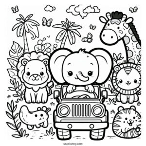 Jungle Coloring Page Of Kawaii Elephant, Lion, Zebra, Hippo, And Giraffe In Jeep For Preschoolers