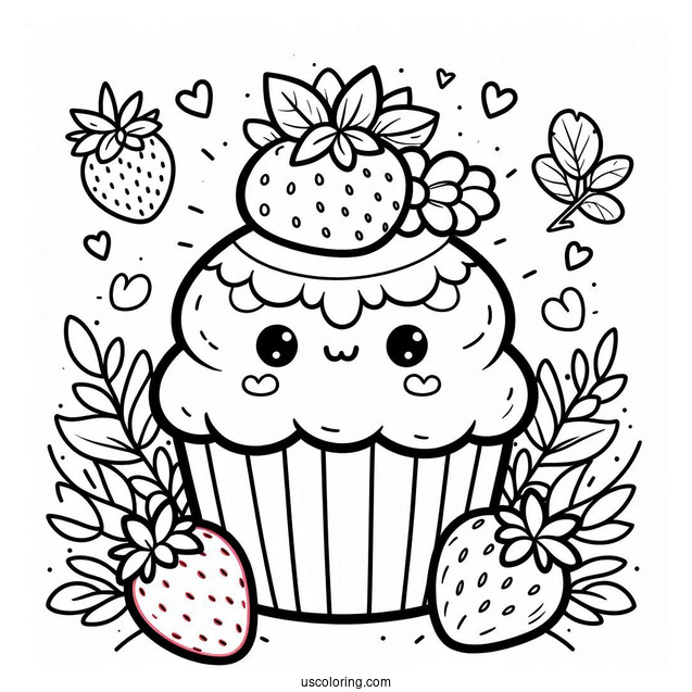 Kawaii Cupcake With Strawberries And Sugar Icing To Color