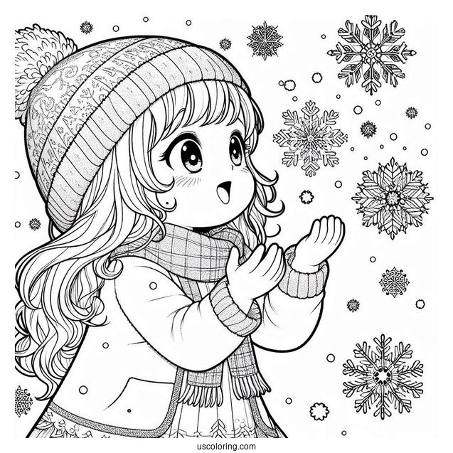 Little Girl Trying To Catch Snowflake Coloring Page