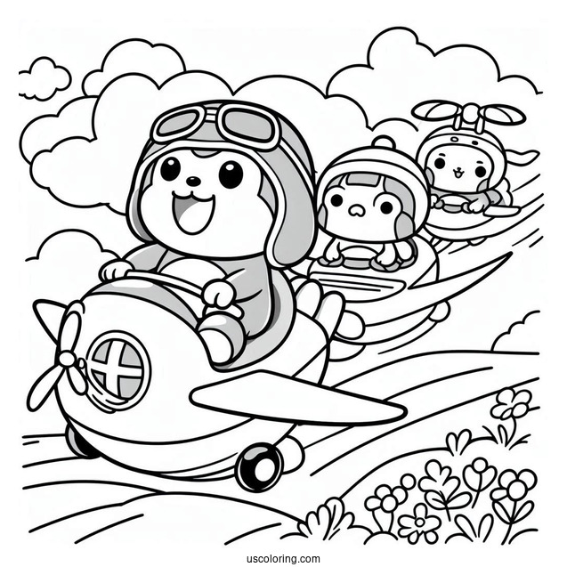 Pororo Coloring Page Of Friends Riding Flying Vehicles