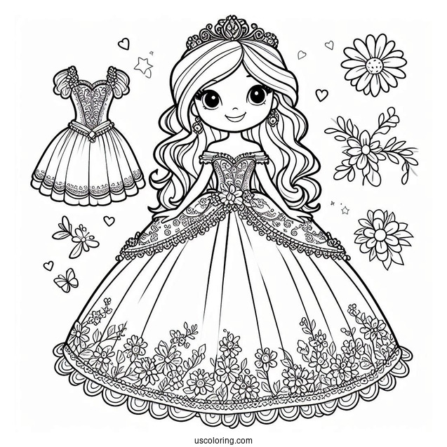 Easy Princess Daisy Coloring Page In Gown For Kids