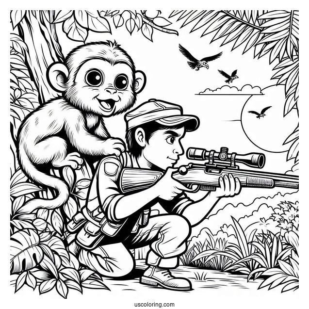 Monkey Creeping Up On Hunter With Gun In Jungle Coloring Page