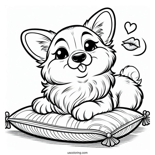 Corgi Coloring Page Sending Flying Kiss While Lying On Cushion