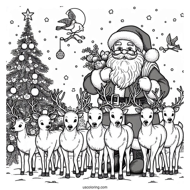 Santa And His Nine Reindeer Coloring Page
