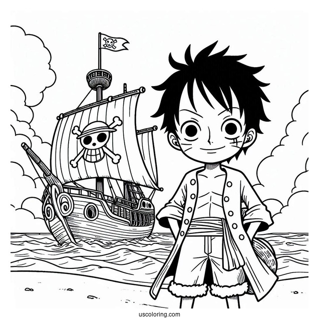 Luffy Coloring Page In Iconic Pose Standing In Front Of Going Merry Ship