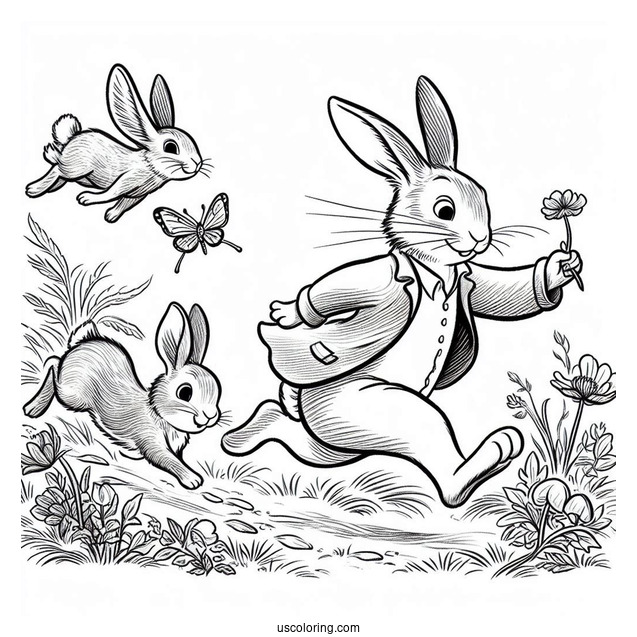 Thomas McGregor Chasing Peter Rabbit Coloring Page, Flops, Mopsy, Cotton Tail, And Friends