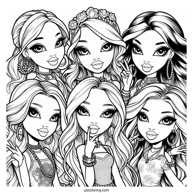 Bratz Jade, Sasha, Cloe, and Yasmin Coloring In