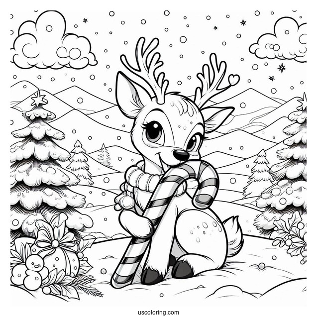 Christmas Coloring Pages For Adults Of Rudolph Biting Candy Cane In Snowy Landscape