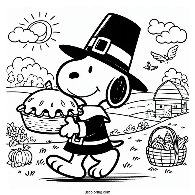 Pilgrim Coloring Page Snoopy Carrying A Pie For Kids