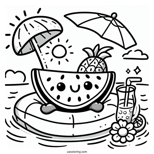 Summer Coloring Page Of Happy Watermelon On A Floatie With A Coconut Drink