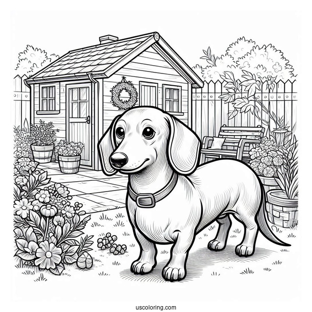 Realistic Dachshund Coloring Page In The Backyard