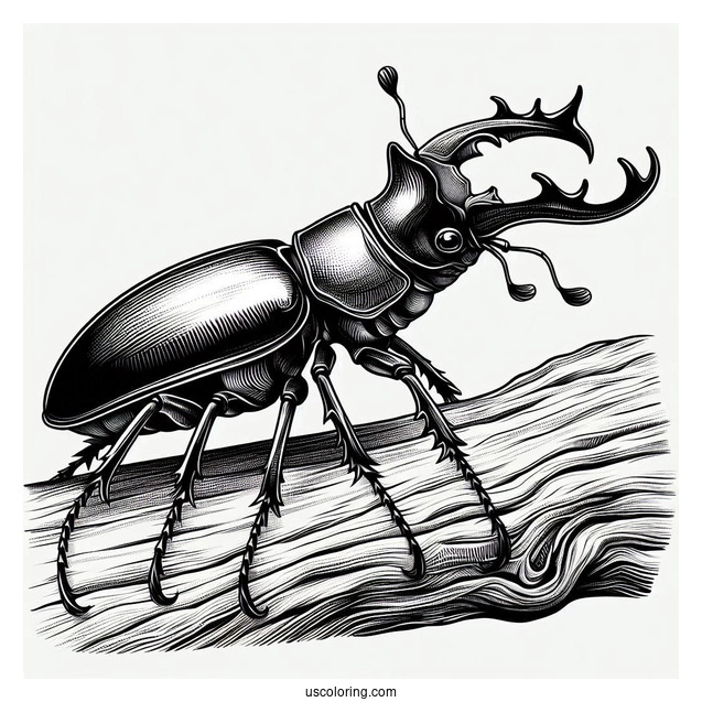 Realistic Stag Beetle Coloring Page On Log