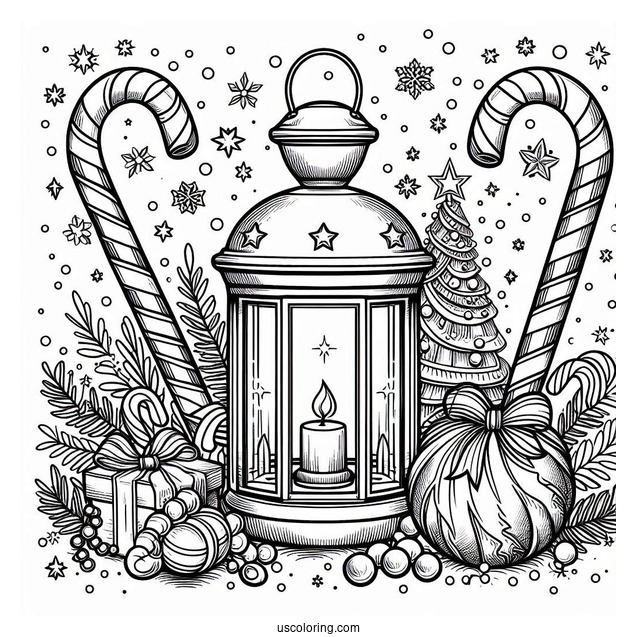 Christmas Coloring Pages For Adults Of Christmas Lantern With Candy Canes In Background