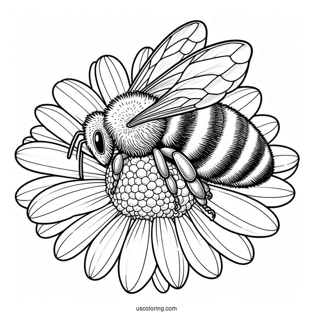 Large Bee Coloring Page On Top Of A Daisy