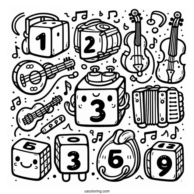 Numberblocks Coloring Page1, 2,3,4,5 Playing Musical Instruments