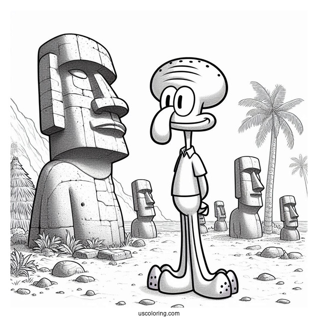 Squidward Coloring Page Standing In Front Of Moai House