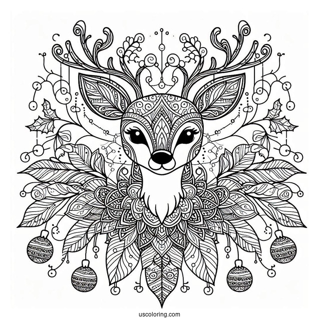 Intricate Rudolph Coloring Page Mandala With Mistletoes