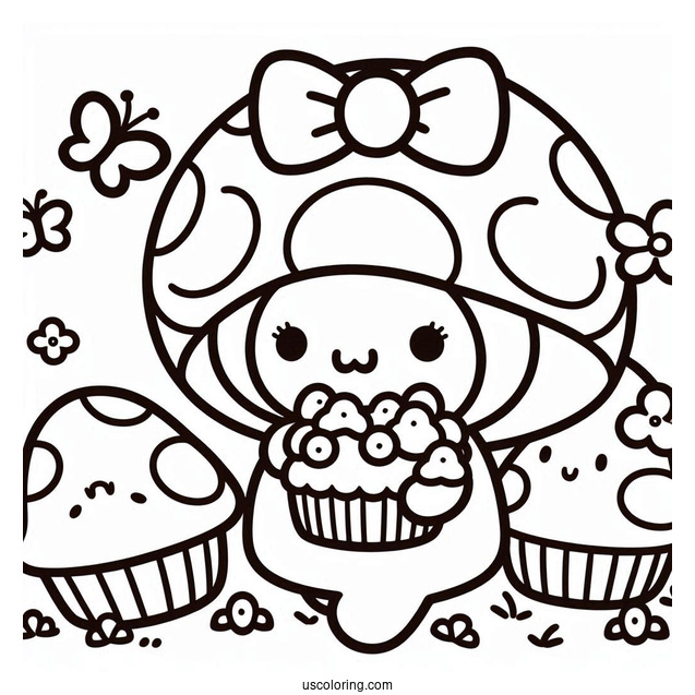 Sanrio Coloring Pages Of Cute Pompompurin Carrying Mushroom Cupcakes