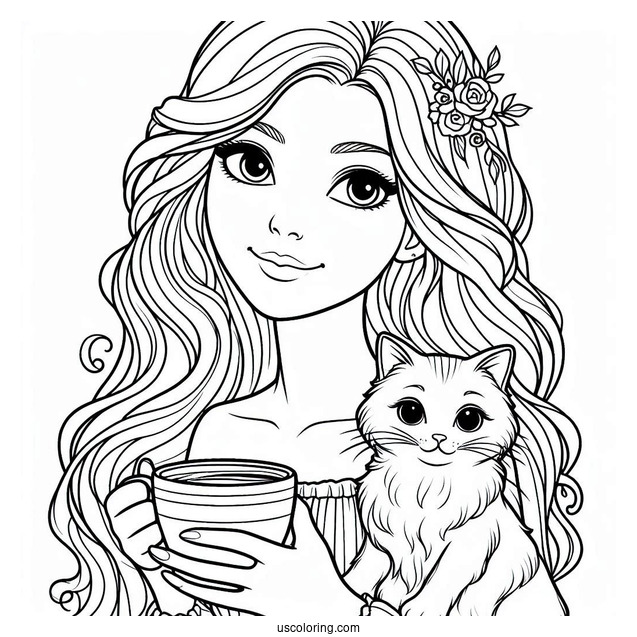 Woman Holding Cup Of Coffee Coloring Pages And Cat