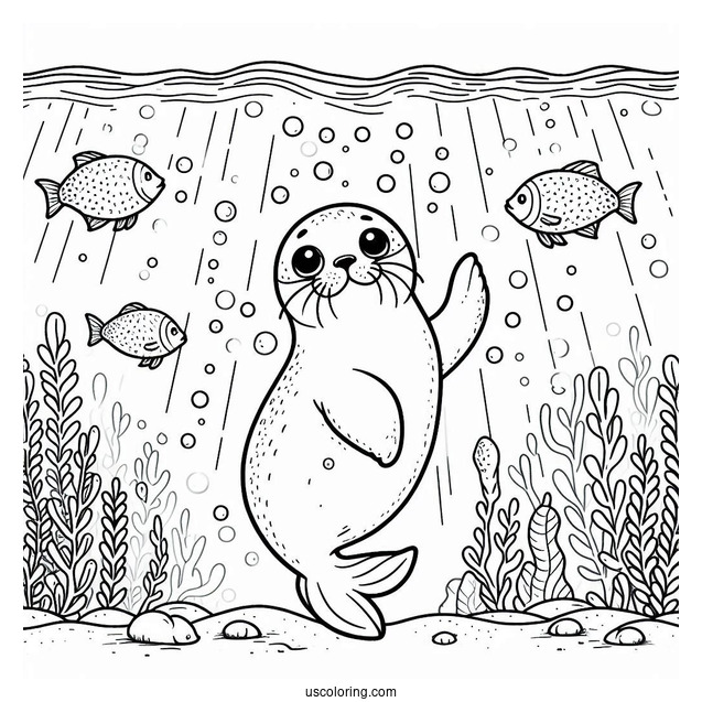 Happy Seal Coloring Page Underwater With Fish