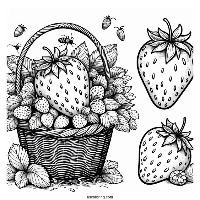 Giant Strawberry Coloring Page Beside A Basket With Ants