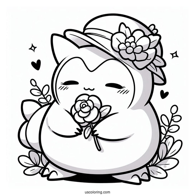 Kawaii Snorlax Coloring Page Holding Flower For Kids