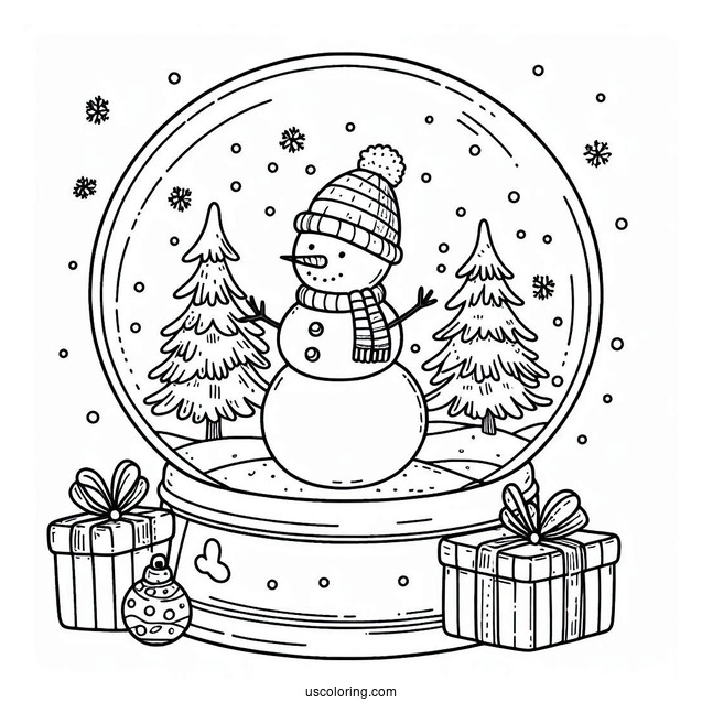 Snowman With Trees And Presents Snow Globe Coloring Page