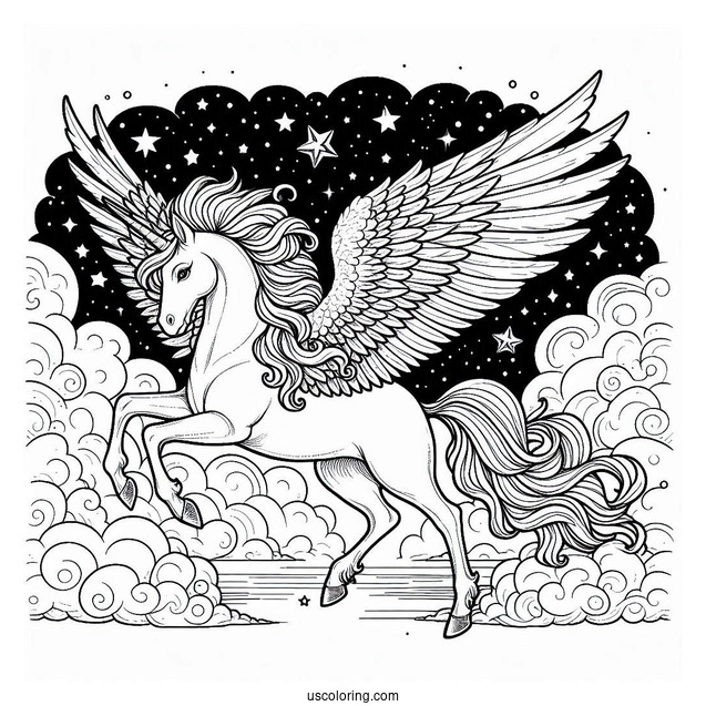 Pegasus Coloring Page With Massive Wings In The Starry Night Sky