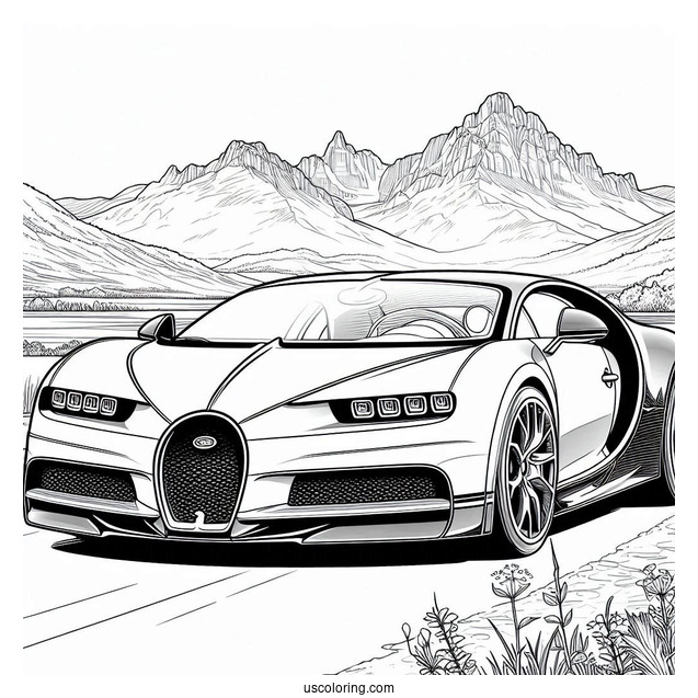 Close Up Of Bugatti Coloring Page Chiron With Mountains In Background