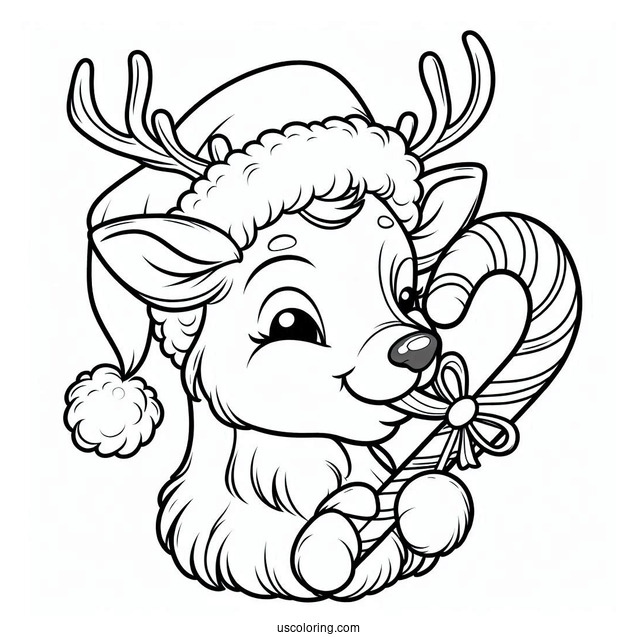 Reindeer With Santa Hat Biting A Candy Cane Coloring Page