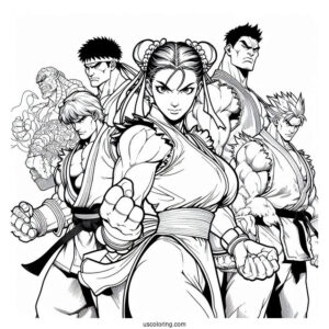 Street Fighter Coloring Page Of Ryu, Lucia, Chun Li, Urien, Rose, And M Bison
