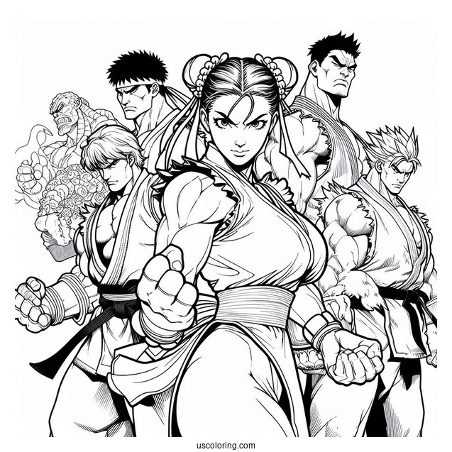 Street Fighter Coloring Page Of Ryu, Lucia, Chun Li, Urien, Rose, And M Bison